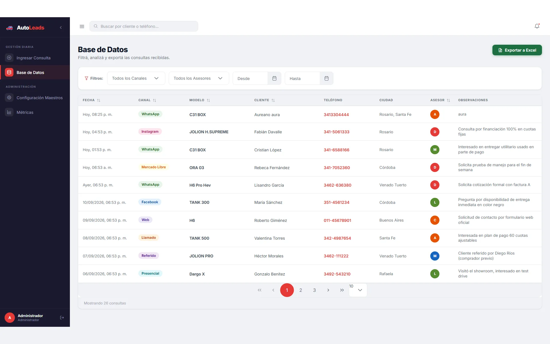 Base de datos de leads con filtros por canal, asesor y fecha, y exportación a Excel