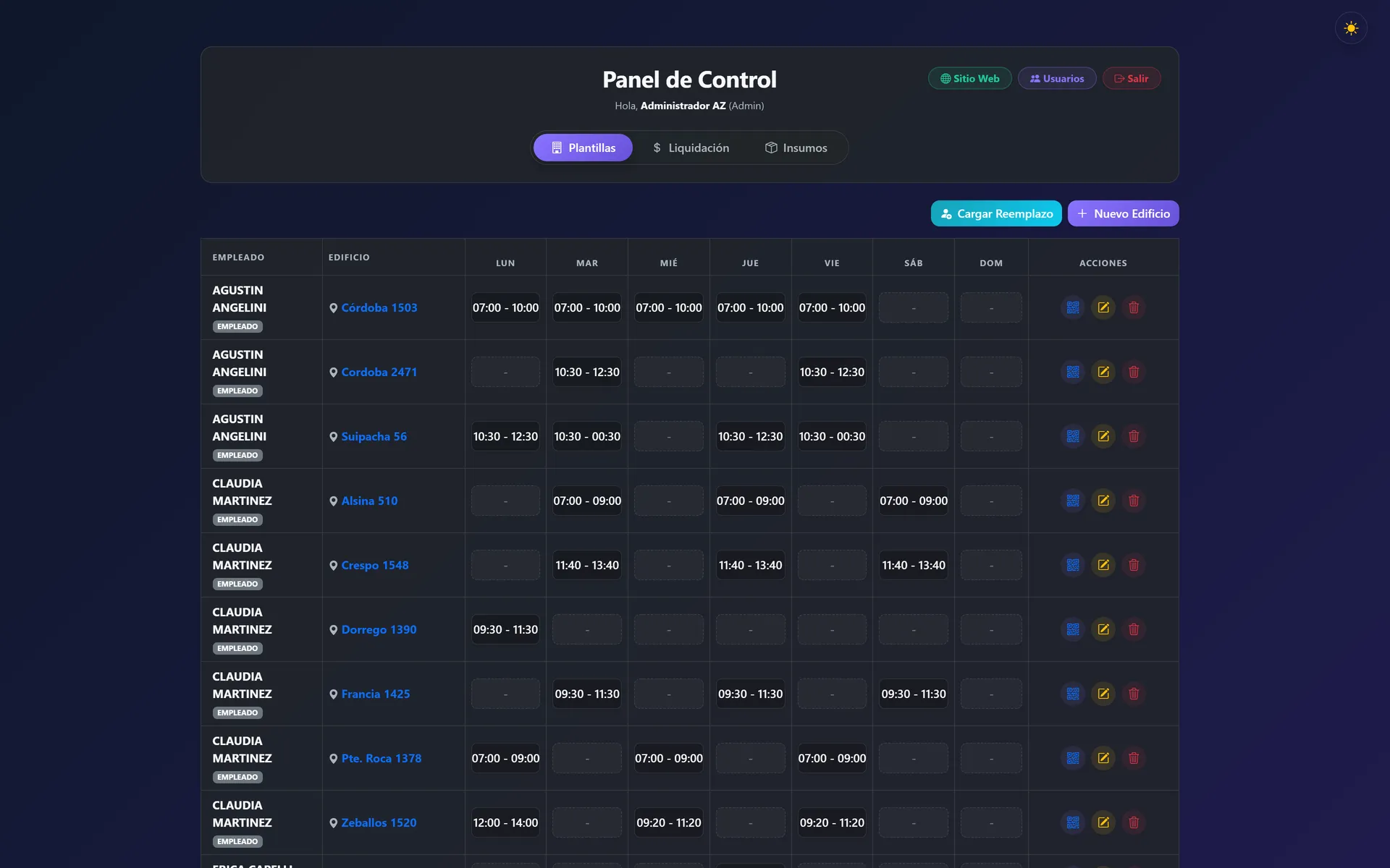 Panel de administración con la grilla semanal de turnos