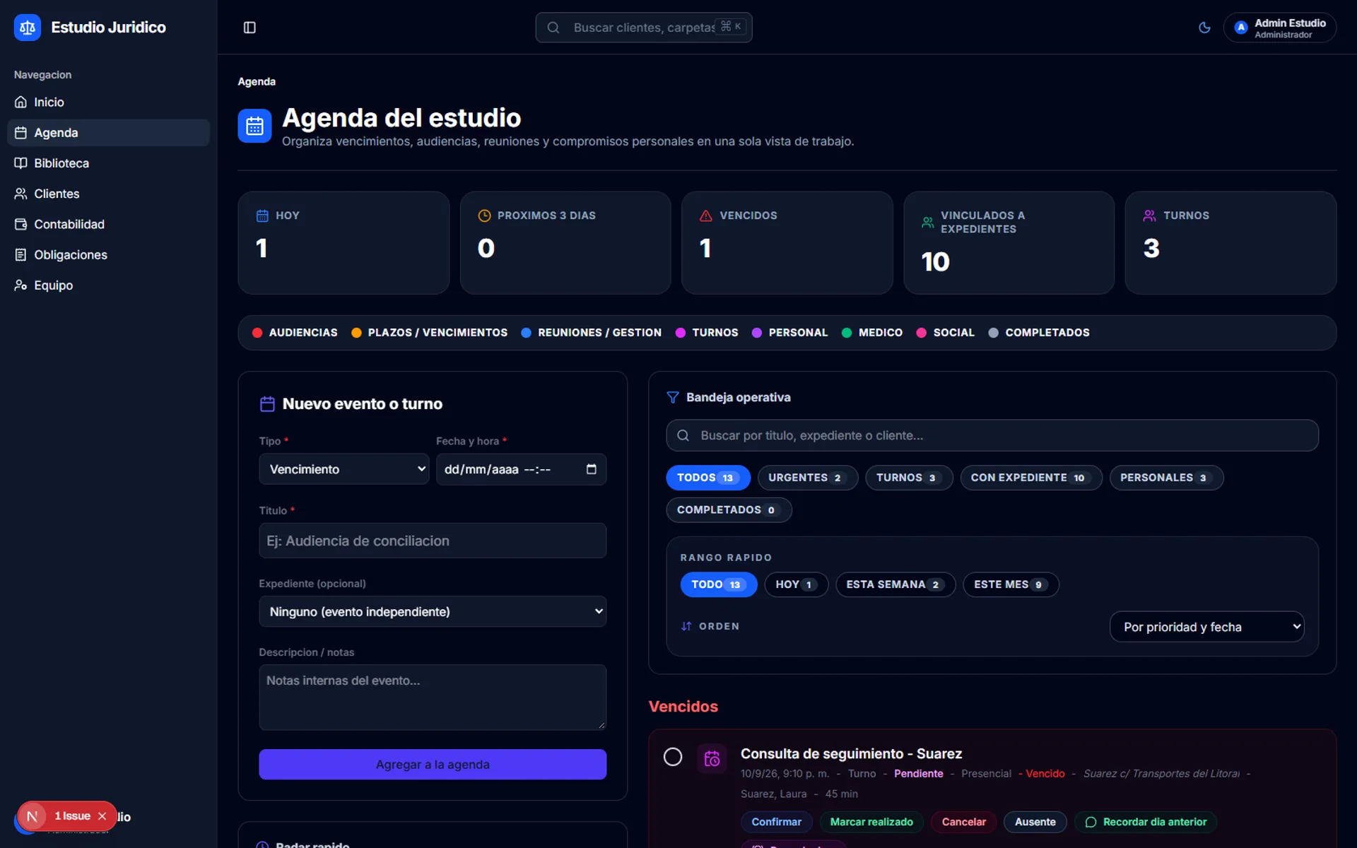 Agenda del estudio con audiencias, plazos y bandeja operativa