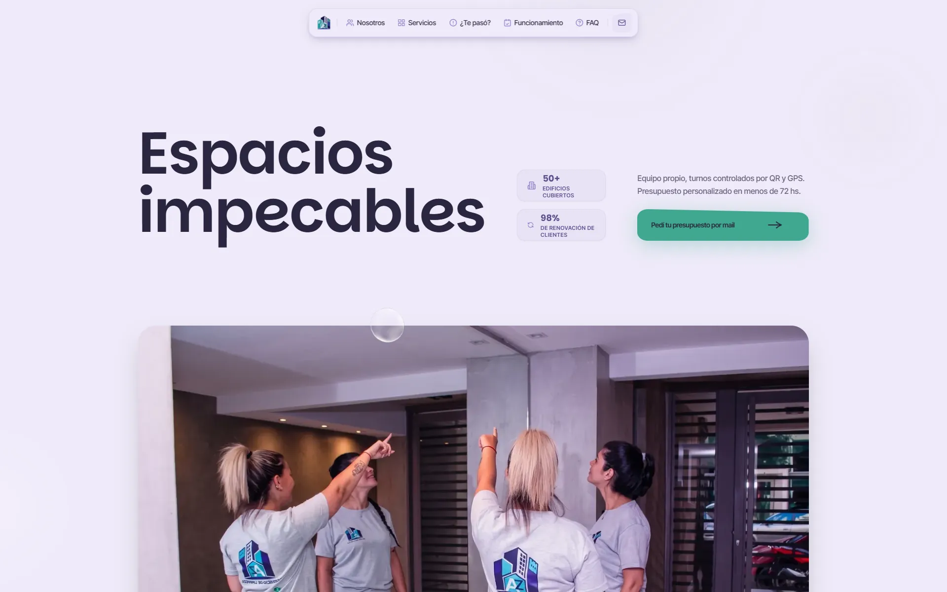 Portada del sitio con la propuesta de valor, las métricas de respaldo y el pedido de presupuesto