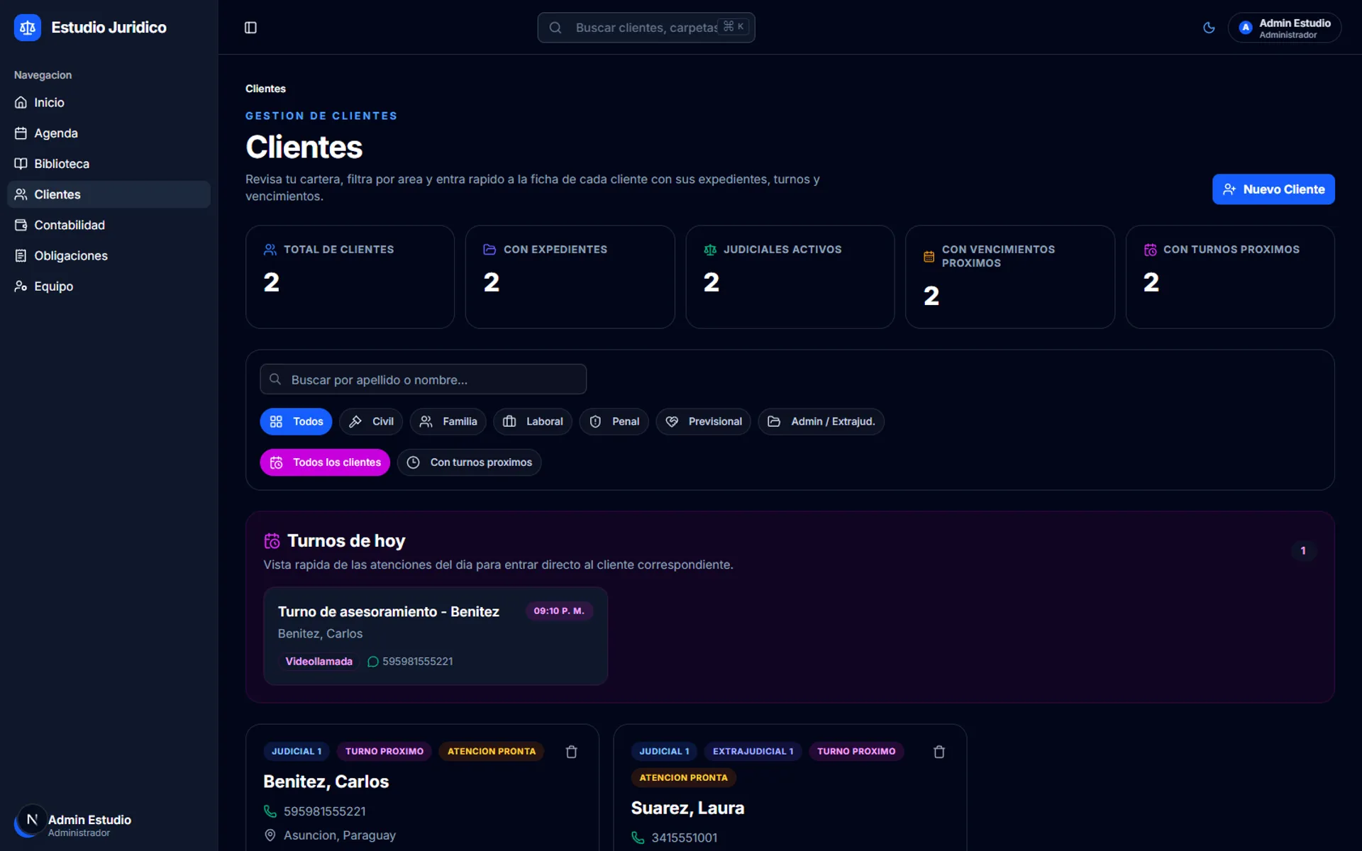 Gestión de clientes con filtros por área, expedientes y turnos del día