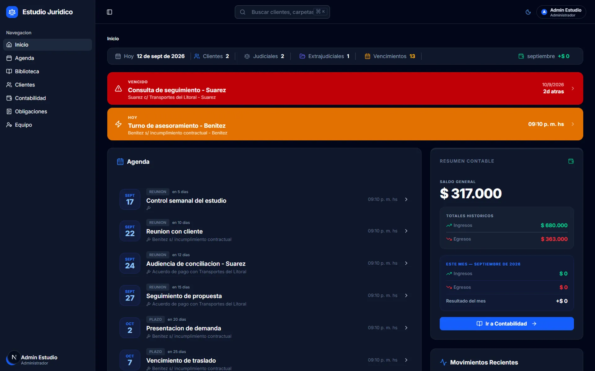 Panel de inicio del estudio jurídico con agenda, vencimientos y resumen contable