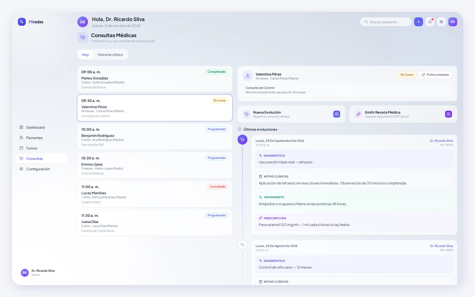 Consultas del día con el panel de la consulta embebido: contexto, evoluciones y receta